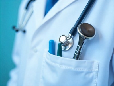 Doctor in white coat with stethoscope and pens