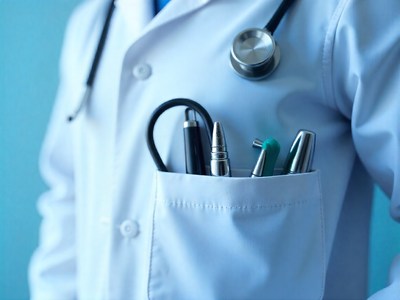 Medical professional displays tools in white coat pocket
