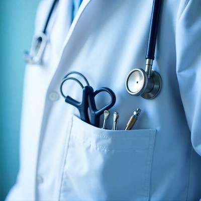 Healthcare professional in a lab coat with tools
