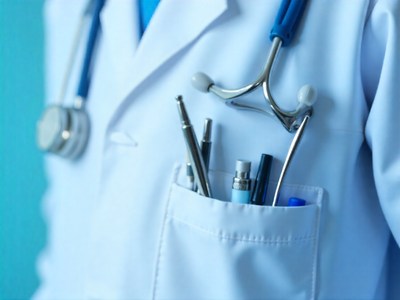 Medical professional with tools in lab coat pocket