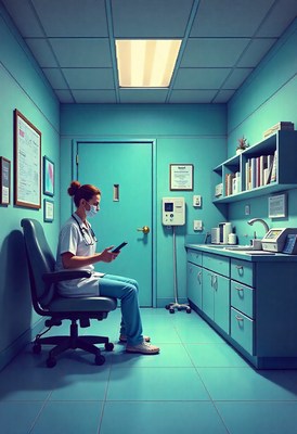 Doctor reviews patient records in exam room