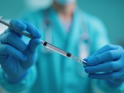 Healthcare professional holds syringe in sterile environment