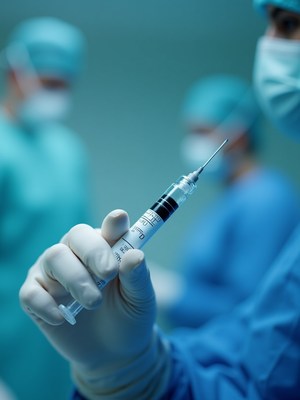Doctor holding syringe during medical procedure in hospital
