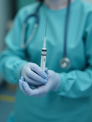 Health professional prepares syringe in medical environment