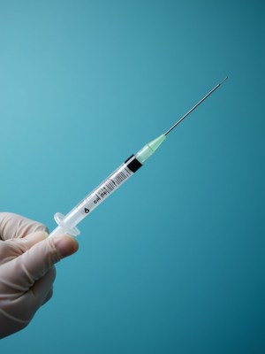 Gloved hand holding syringe against blue backdrop