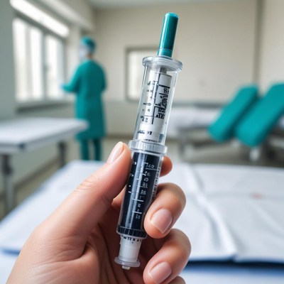 Hand holding a syringe in a medical facility