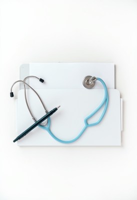 Stethoscope and pen on documents for medical professionals