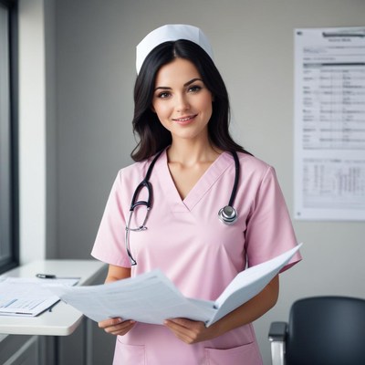 Nurse smiling holding patient charts in hospital