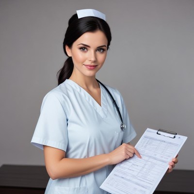 Female nurse examines patient chart in office