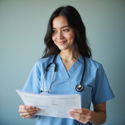 Smiling nurse examines patient medical records