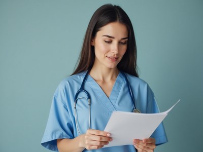 Nurse reads document in front of blue backdrop