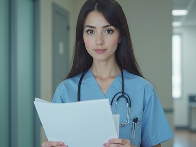 Female doctor reviews patient paperwork in hospital