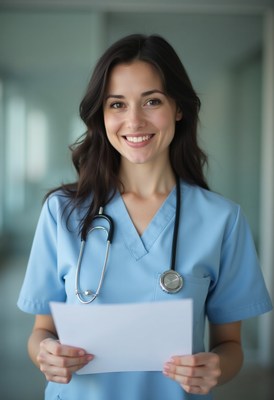 Nurse holding medical report in hospital setting