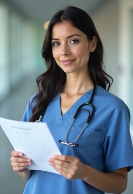 Young female doctor holds patient records