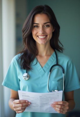 Smiling healthcare worker with patient documents