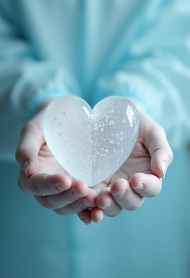 Holding frozen heart made of ice in hands