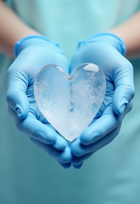 Medical professional holding a heart made of ice