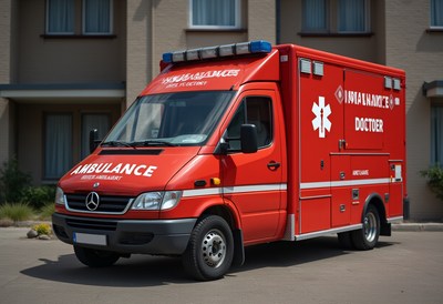 Emergency vehicle parked outside a medical facility
