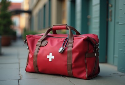 Red medical bag placed on sidewalk near buildings