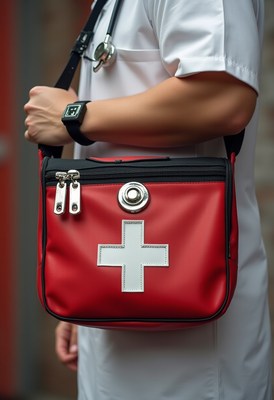 Medical professional carrying a red bag for emergencies
