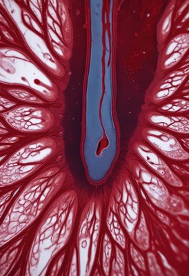 Abstract red and blue patterns represent flowing liquids