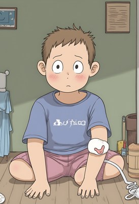 Young boy sitting on floor with worried expression in room