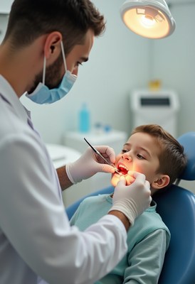 Child receives dental checkup in a clinic
