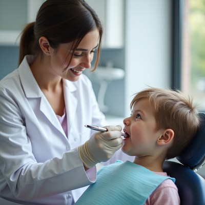 Child receiving dental checkup from friendly dentist