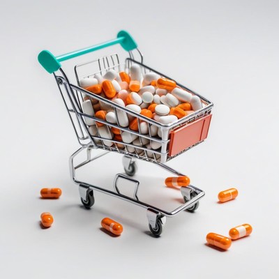 Shopping cart filled with orange and white pills