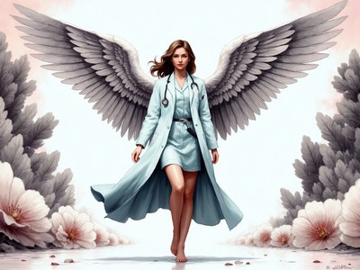 Healthcare professional with angel wings walking confidently