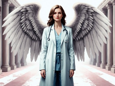 Doctor with angelic wings in a grand setting