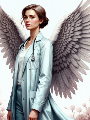 Medical professional with angelic wings in serene setting