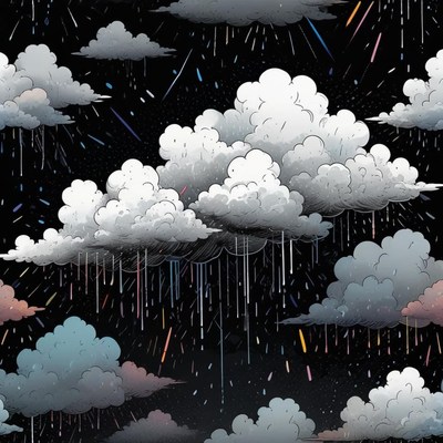 Rainy clouds fill the night sky with colorful raindrops