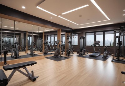 Modern gym with equipment and city view in daytime