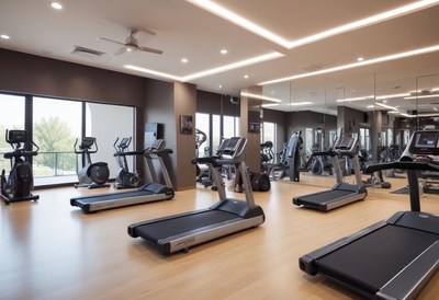 Modern gym interior with cardio equipment and natural light