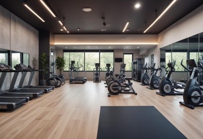 Modern gym with fitness gear and bright windows
