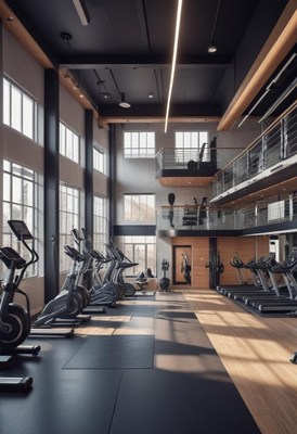 Modern gym interior with ample natural light and equipment