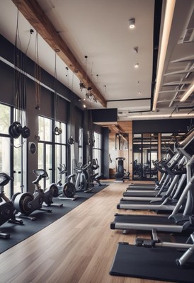 Modern gym interior with fitness equipment and natural light