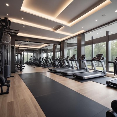 Modern gym interior with fitness equipment and natural light