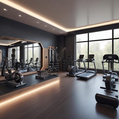 Modern gym interior with fitness equipment and natural light