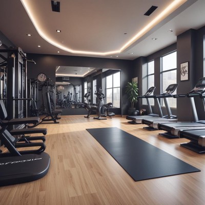 Modern gym interior with fitness equipment and natural light