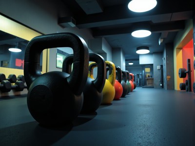 Kettlebells arranged in fitness studio for workout session