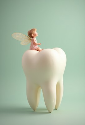 Child with fairy wings sitting on a giant tooth