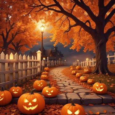 Path lined with glowing pumpkins in autumn season