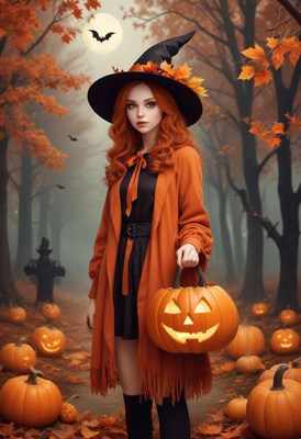 Woman in orange sweater with pumpkin in autumn forest