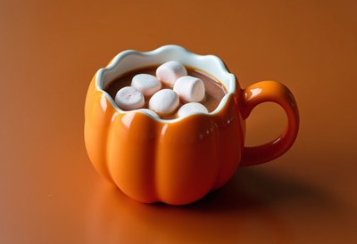 Warm pumpkin spice drink in an orange cup with marshmallows