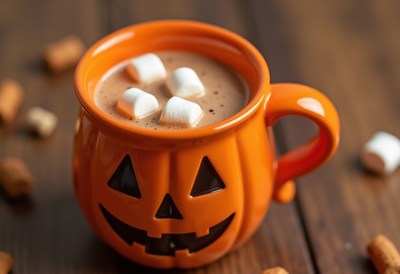 Enjoying hot chocolate in a festive pumpkin mug