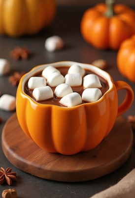 Warm pumpkin spice drink with marshmallows in a cozy setting