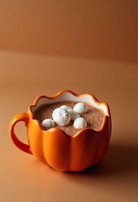 Warm drink served in a pumpkin-shaped cup with marshmallows