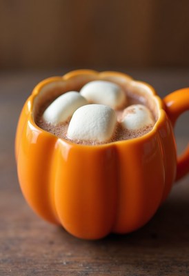 Warm pumpkin spice drink with marshmallows in a cozy mug